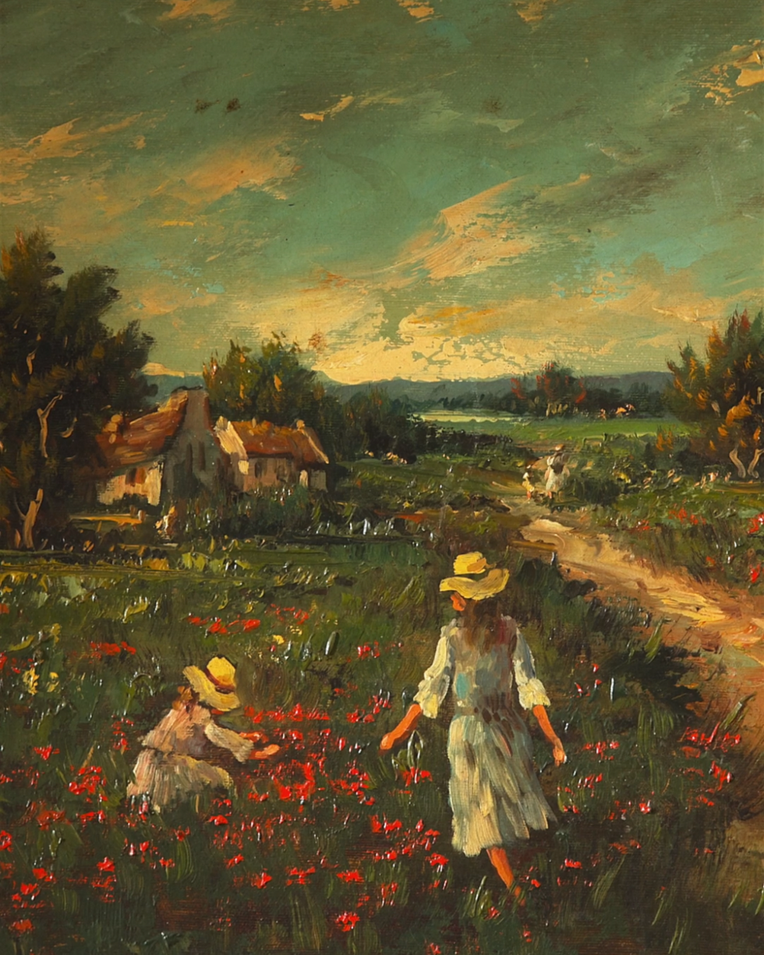 Impressionist Landscape with Figures Oil on Canvas — Early 20th Century, France