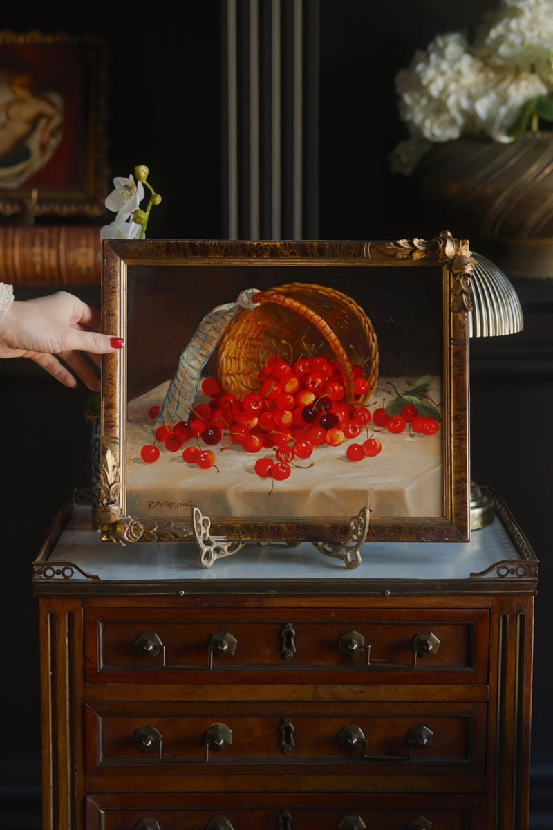 Basket of Cherries | Signed Still Life Oil on Wood Panel