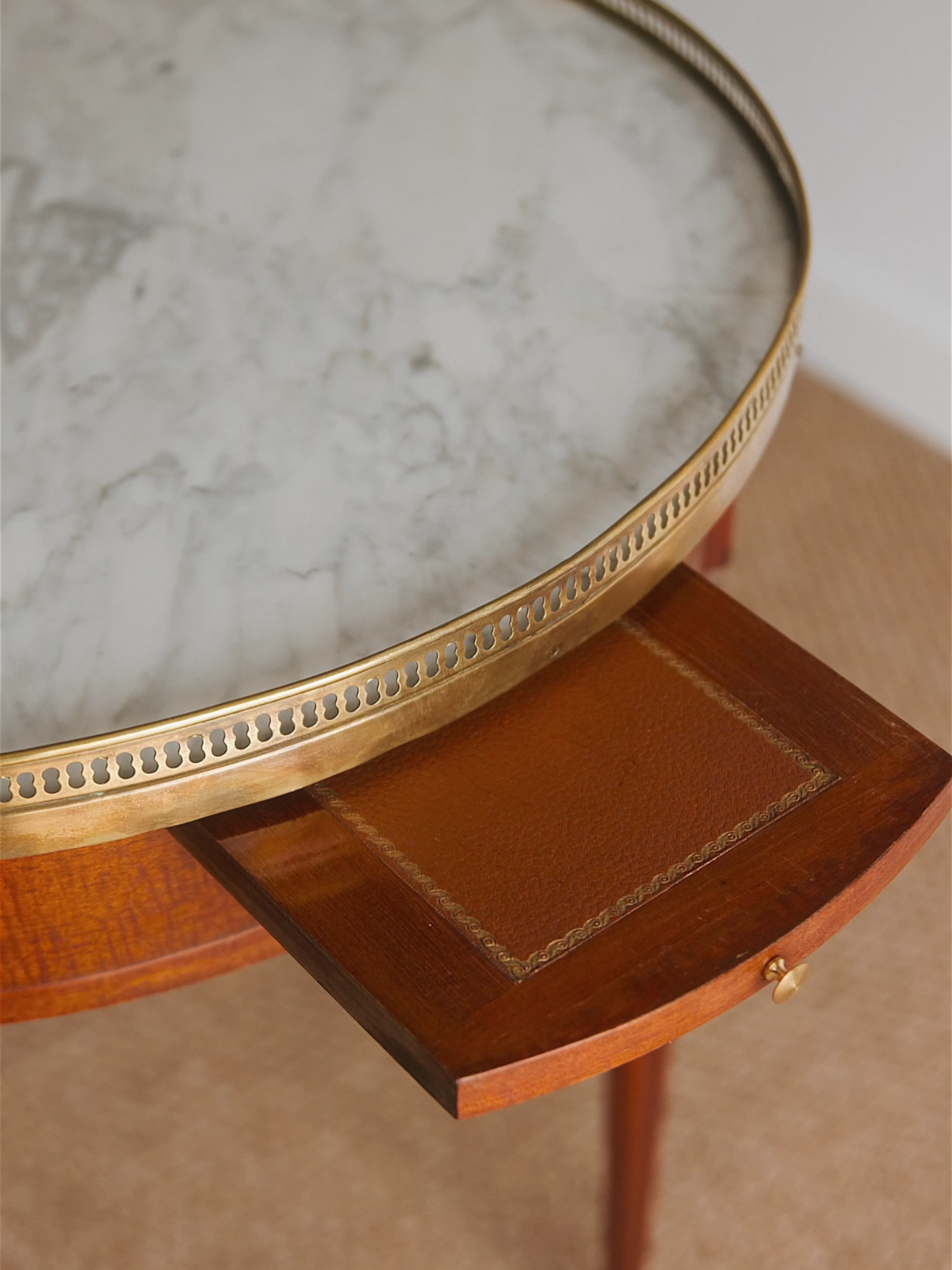 French Louis XVI–Style Bouillotte Table With Marble Top, Brass Gallery & Leather Slide-Outs