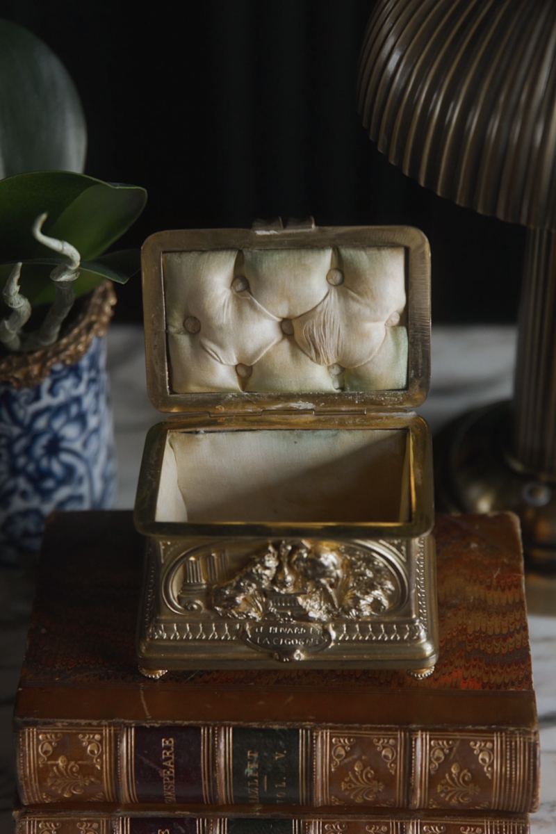 19th-Century French Gilt Bronze La Fontaine Fables Casket with Tufted Silk Interior - Signed Théodore Hingre