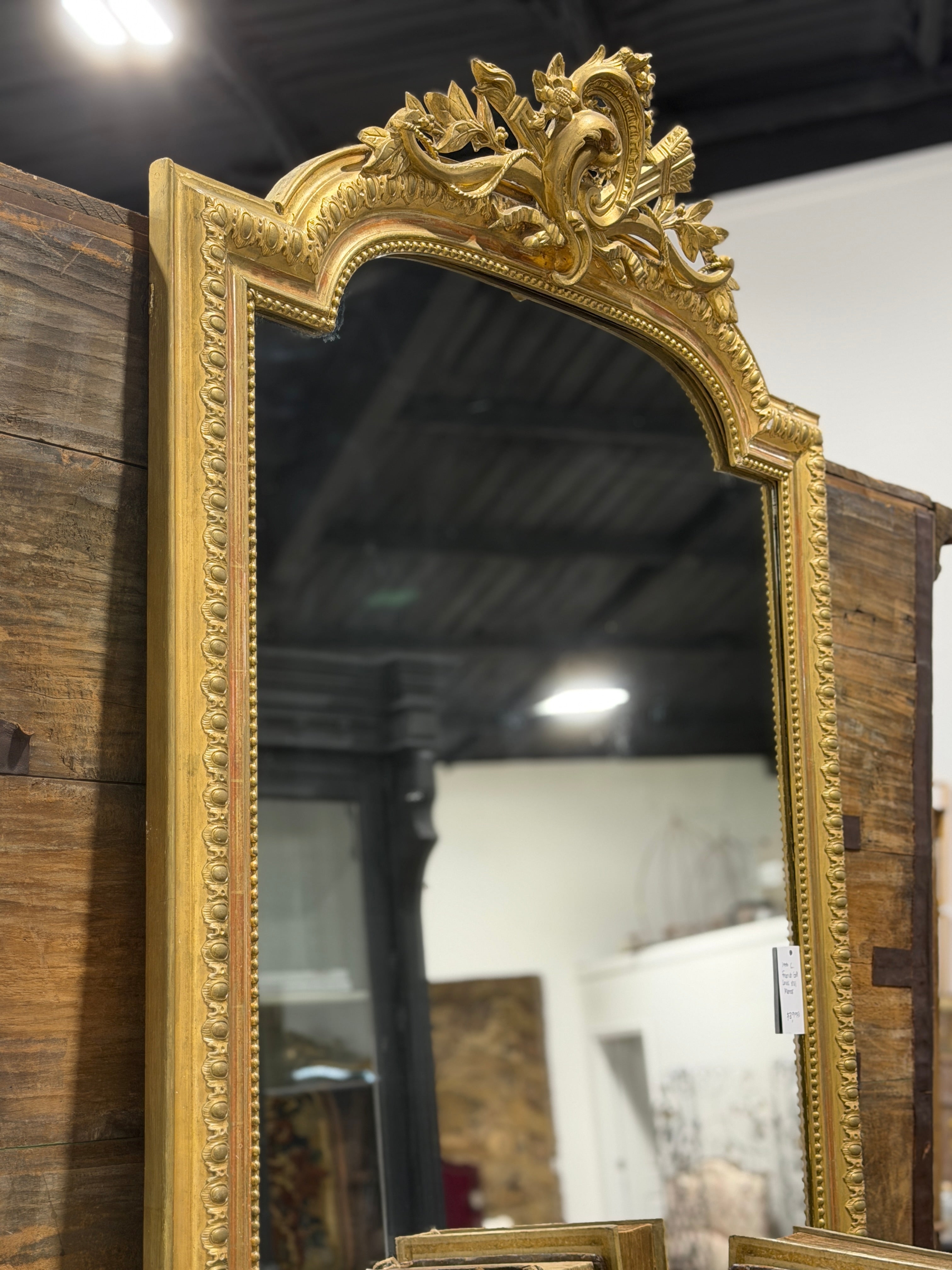 Monumental French Louis XVI Style Giltwood Mirror with Ribbon Crest