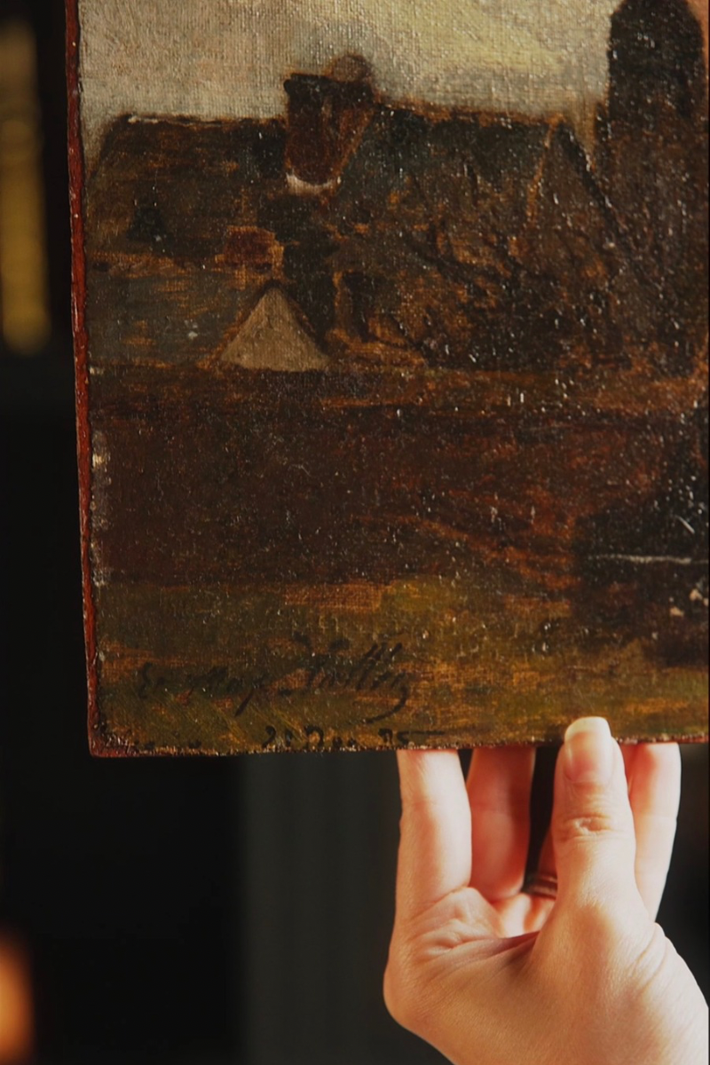 French Moody Cathedral Landscape Oil on Wood Board, Barbizon School Influence, Late 19th Century