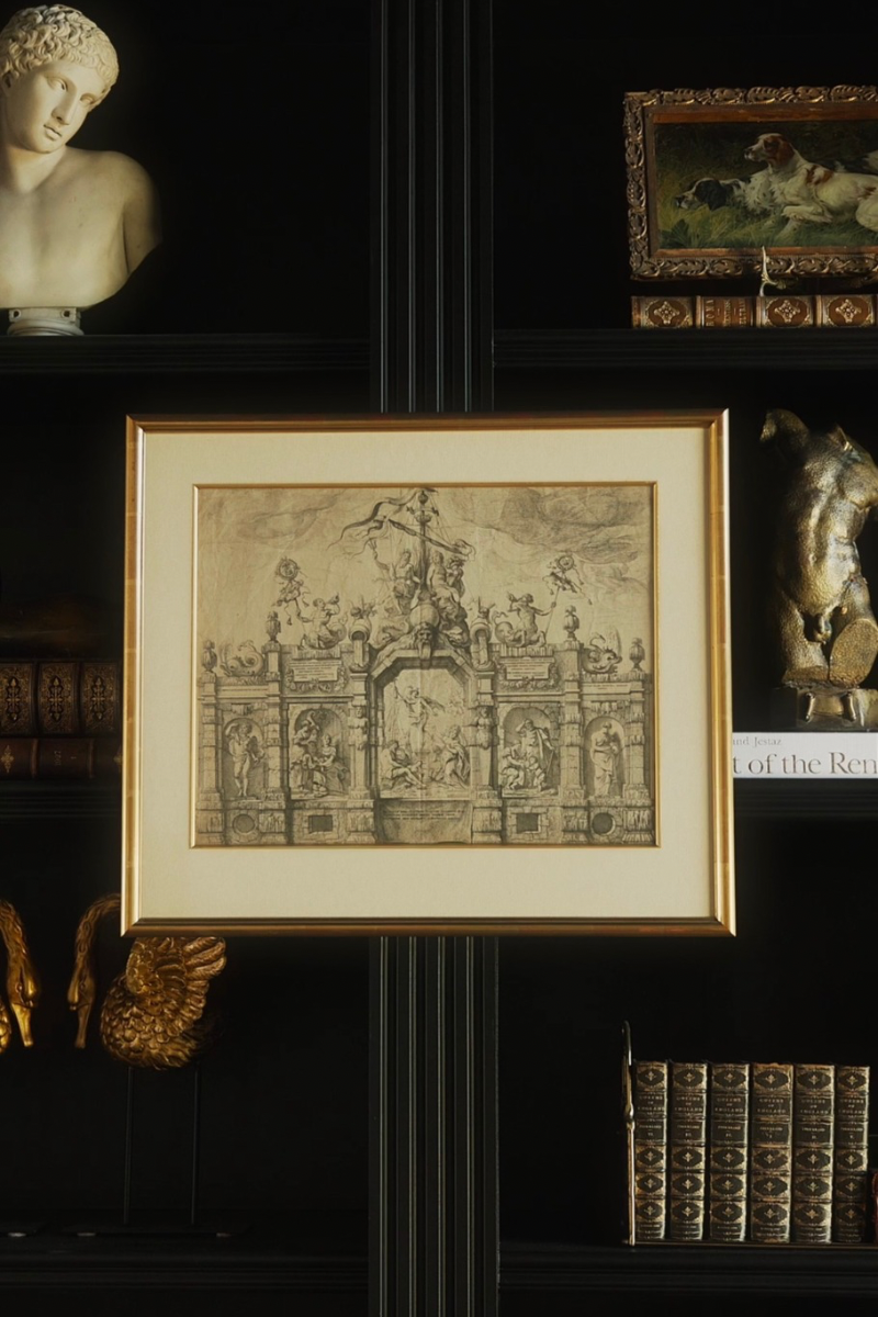 17th Century Italian Baroque Architectural Copperplate Engraving Depicting Allegorical Trumphal Facade Adorned Mythological Figures