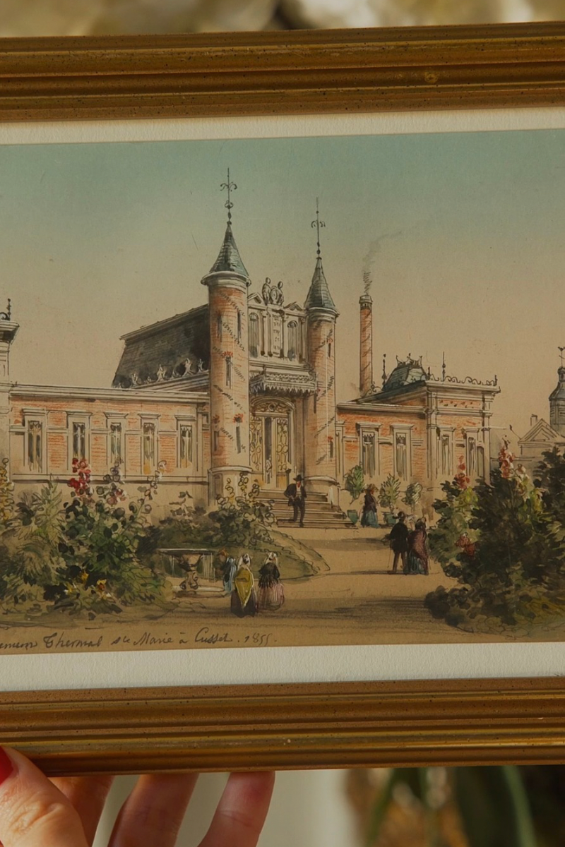 “Vichy & Cusset, 1855” — Set of Three French Spa-Town Views Bearing the Signature of Louis Moullin, with Thermal Architecture, Garden Promenades & Period Figures, in Matching Gold-Finished Frames