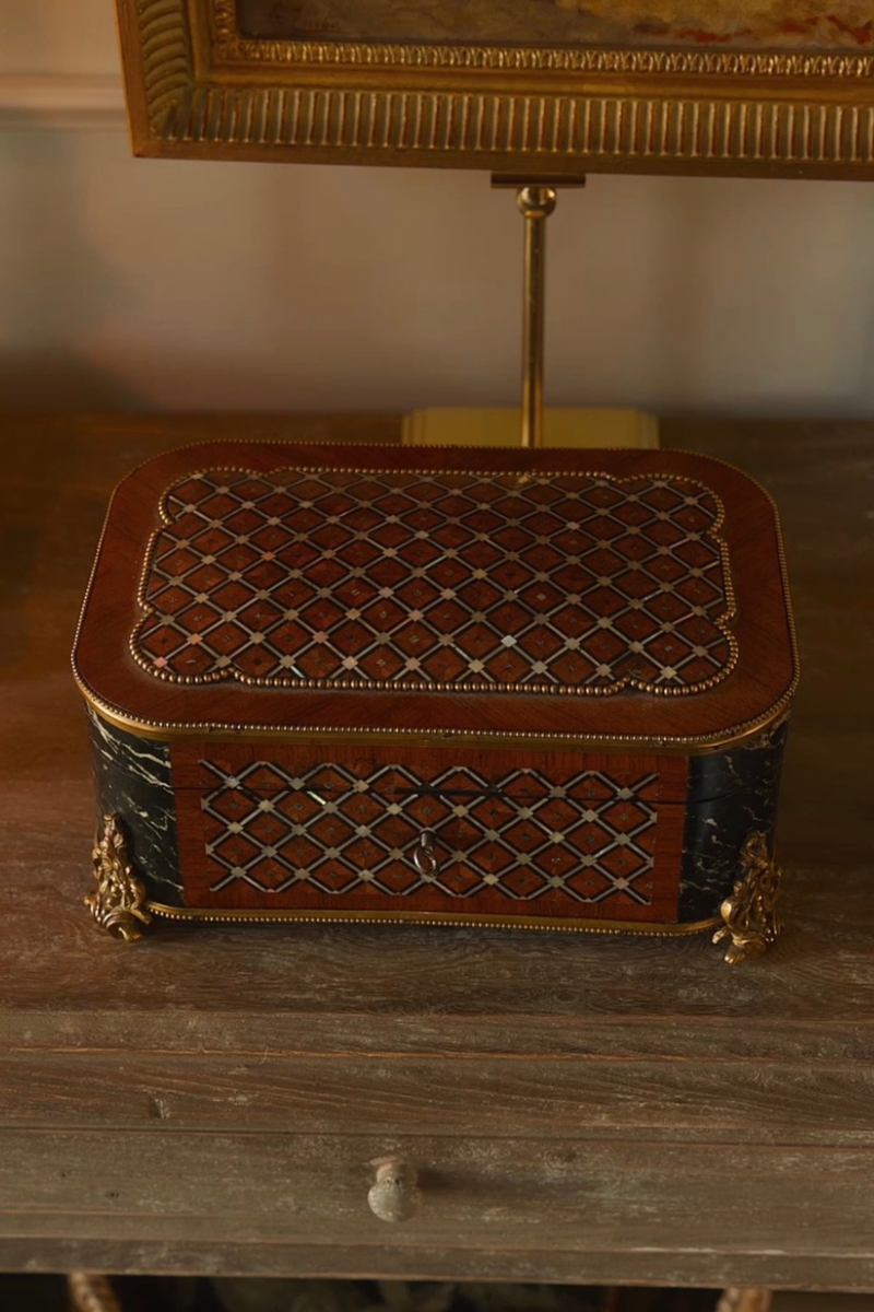 19th C. French Napoleon III Marquetry & Ebonized Jewelry Casket With Tufted Blue Silk Interior- 1870