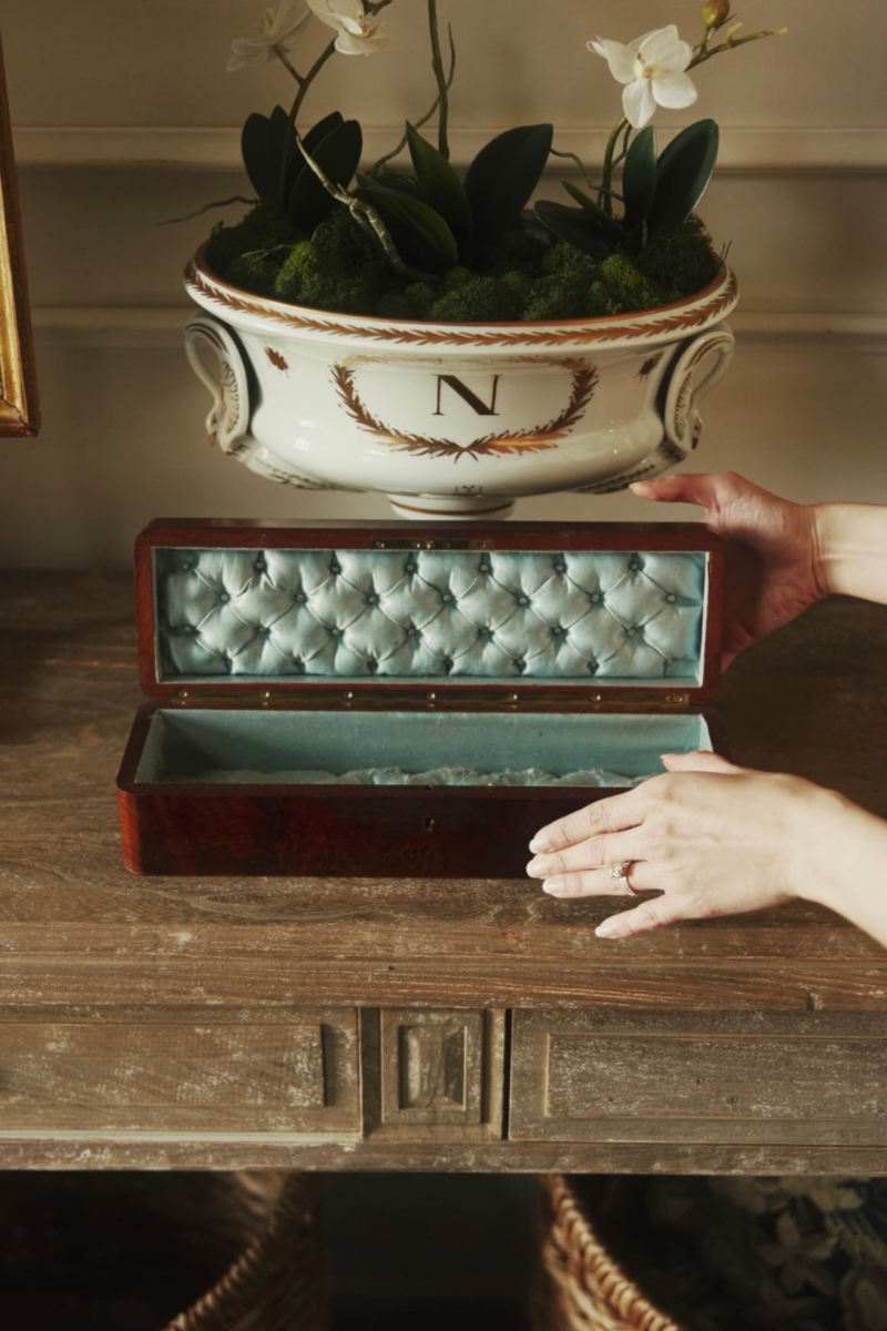 19th Century French Burlwood Glove Box with Tufted Silk Interior