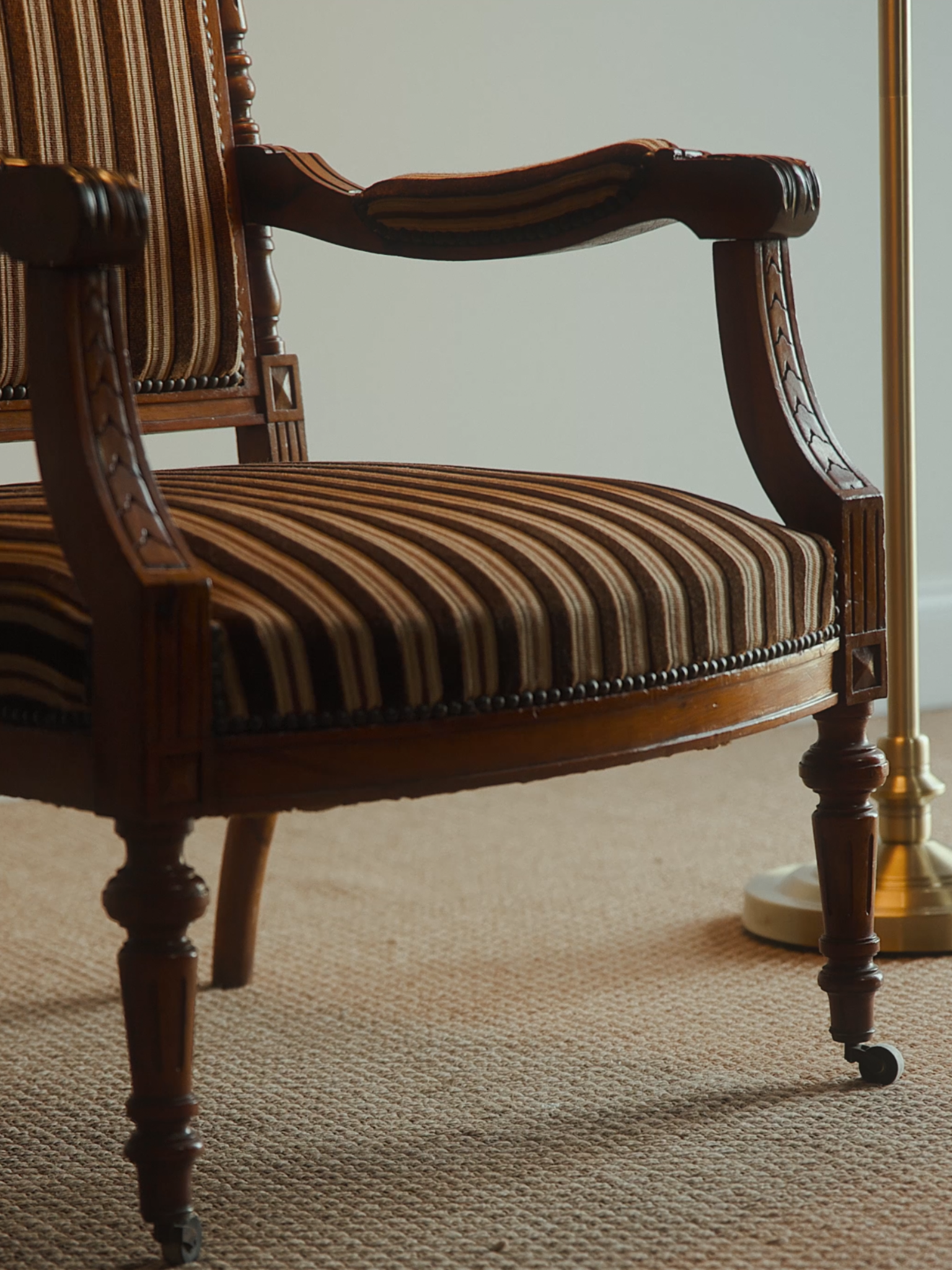 French Carved Armchair with Striped Velvet Upholstery