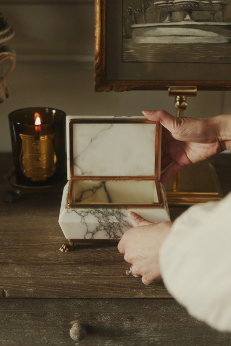 Italian Marble Jewelry Box with Brass Trim & Claw Feet