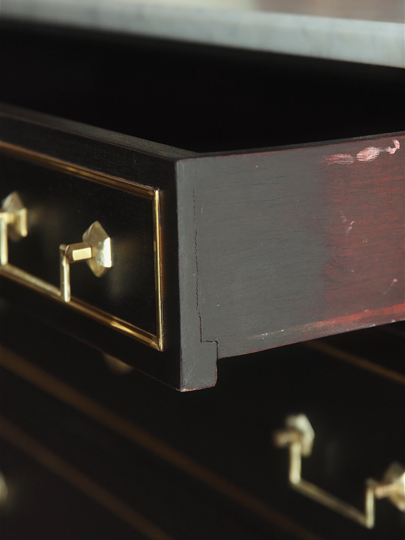 Louis XVI Style Black Lacquered Commode with Brass Trim & Carrara Marble Top