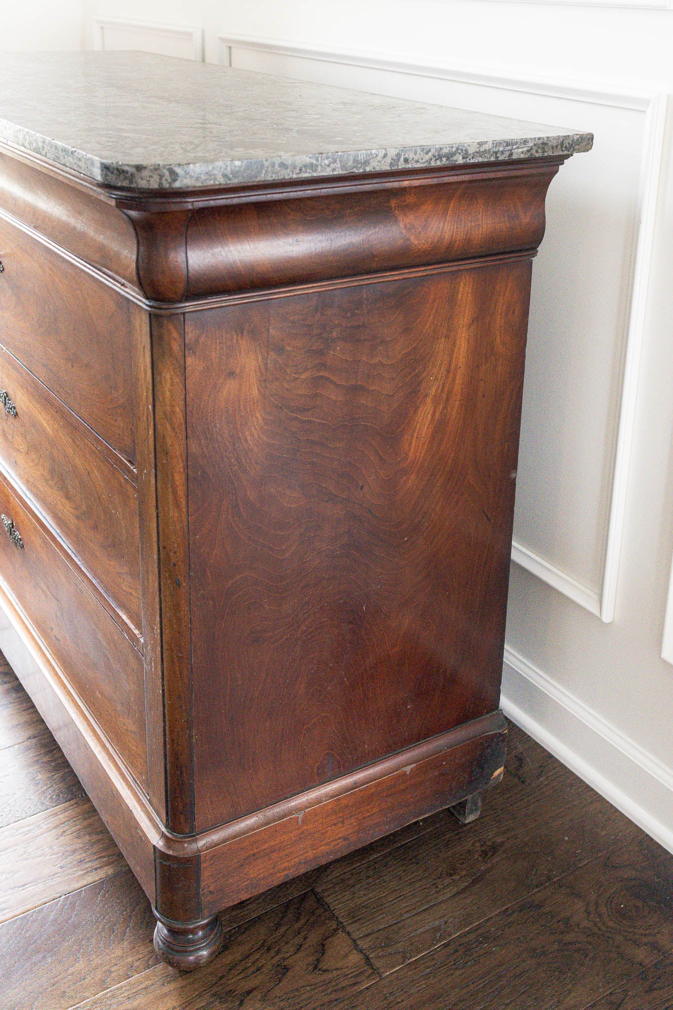 19th Century Black Marble Top Mahogany Commode with Ornate Bronze Detail