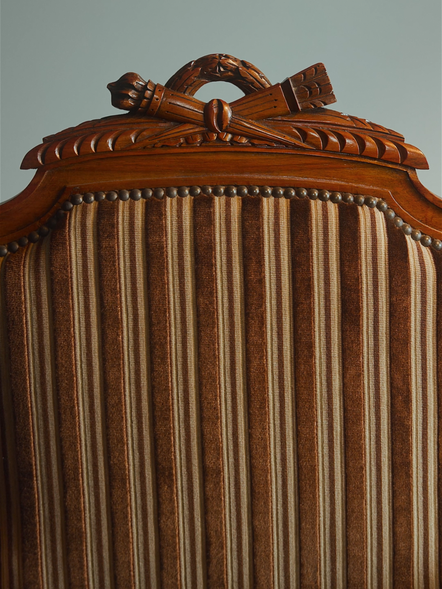 French Carved Armchair with Striped Velvet Upholstery