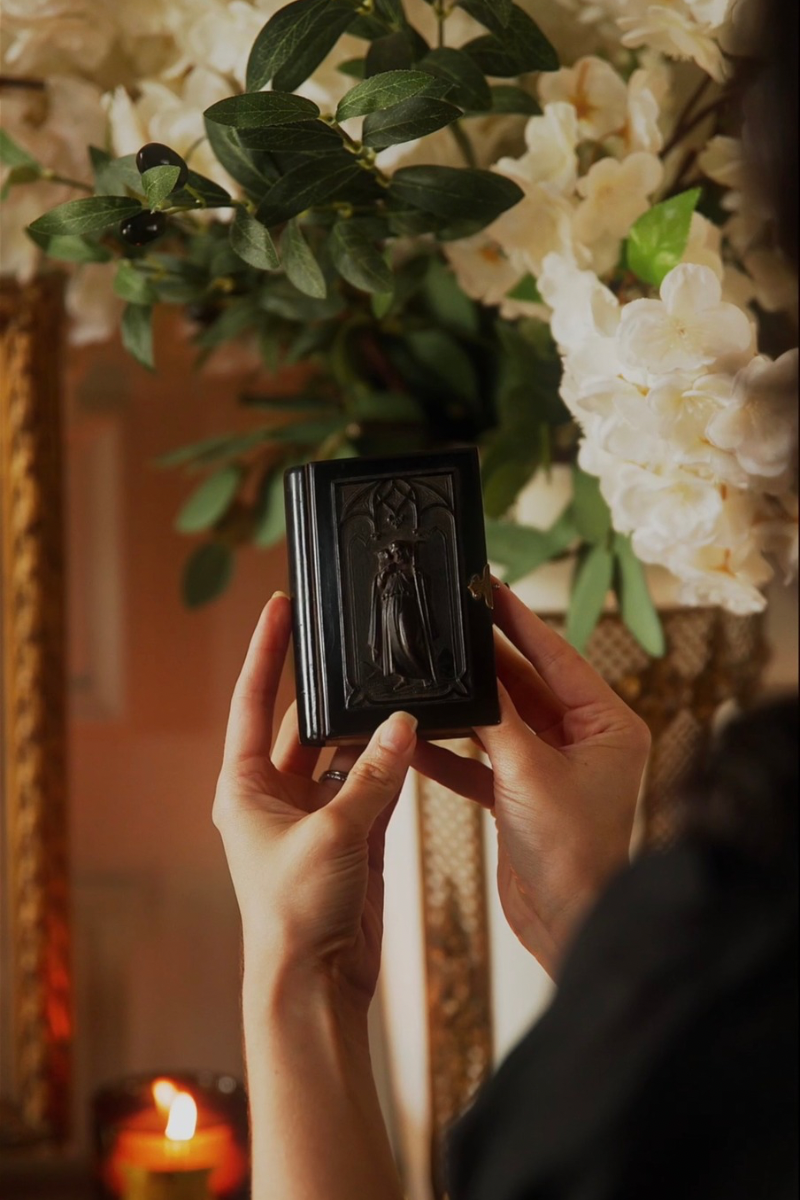 French Gothic Revival Black Prayer Book with Embossed Religious Figure & Chromolithograph Pages, Late 19th Century - A