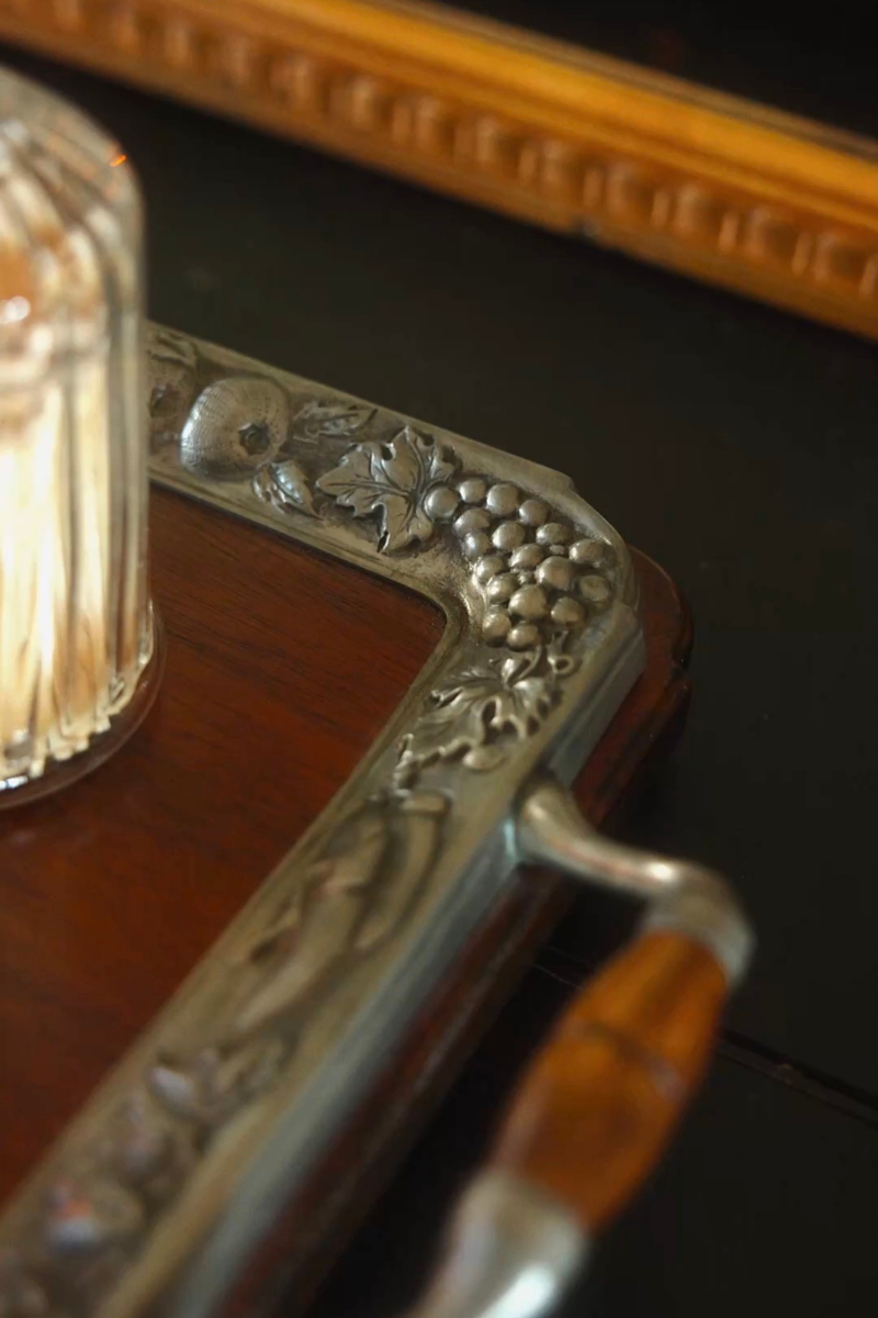 Wood and Silver-Plated Serving Tray with Harvest Border