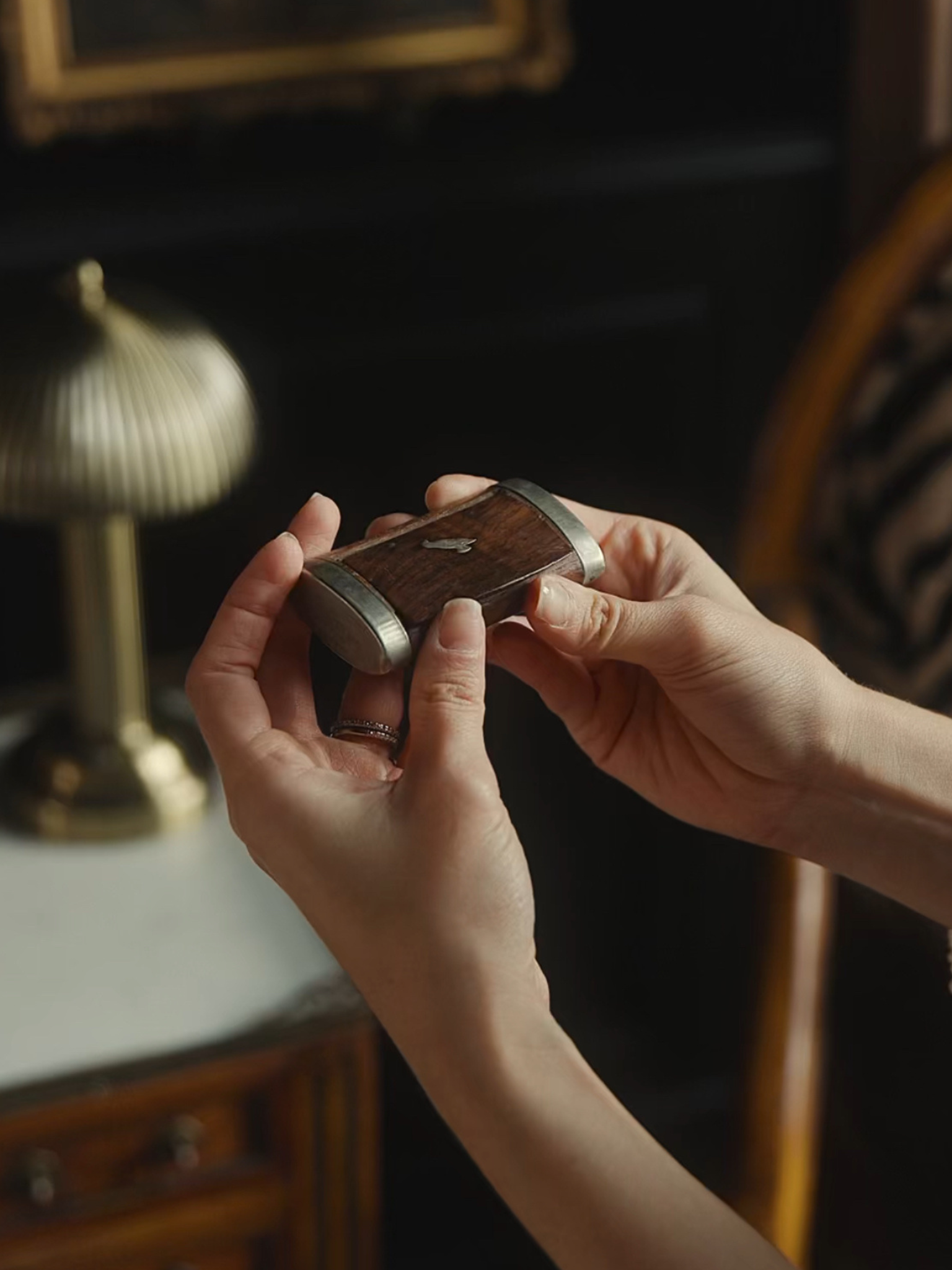 Antique Wooden Snuff Box with Inlaid Bird Motif