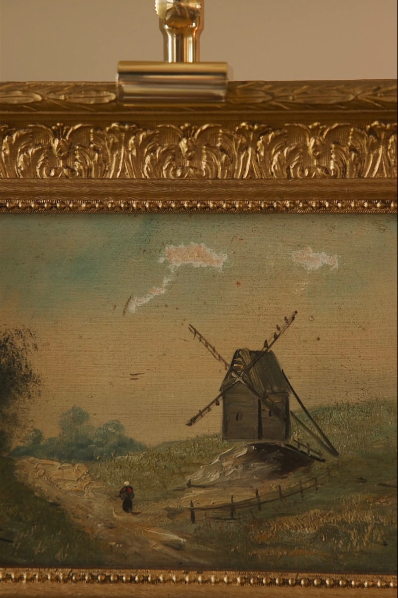 19th C. French Continental School Windmill Landscape with Figures | Oil on Panel