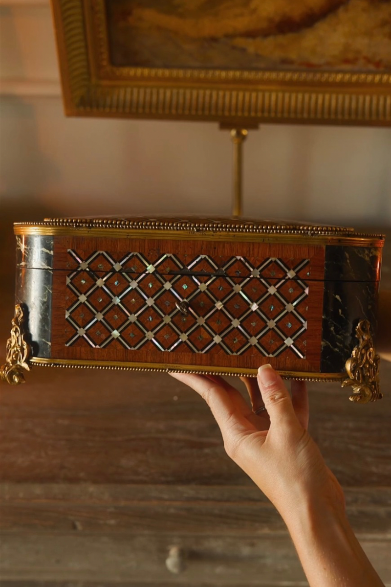 19th C. French Napoleon III Marquetry & Ebonized Jewelry Casket With Tufted Blue Silk Interior- 1870