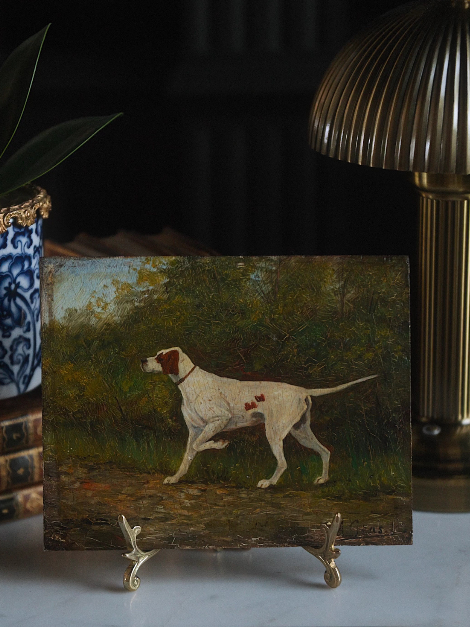 Antique Sporting Dog Oil Painting on Wood Panel
