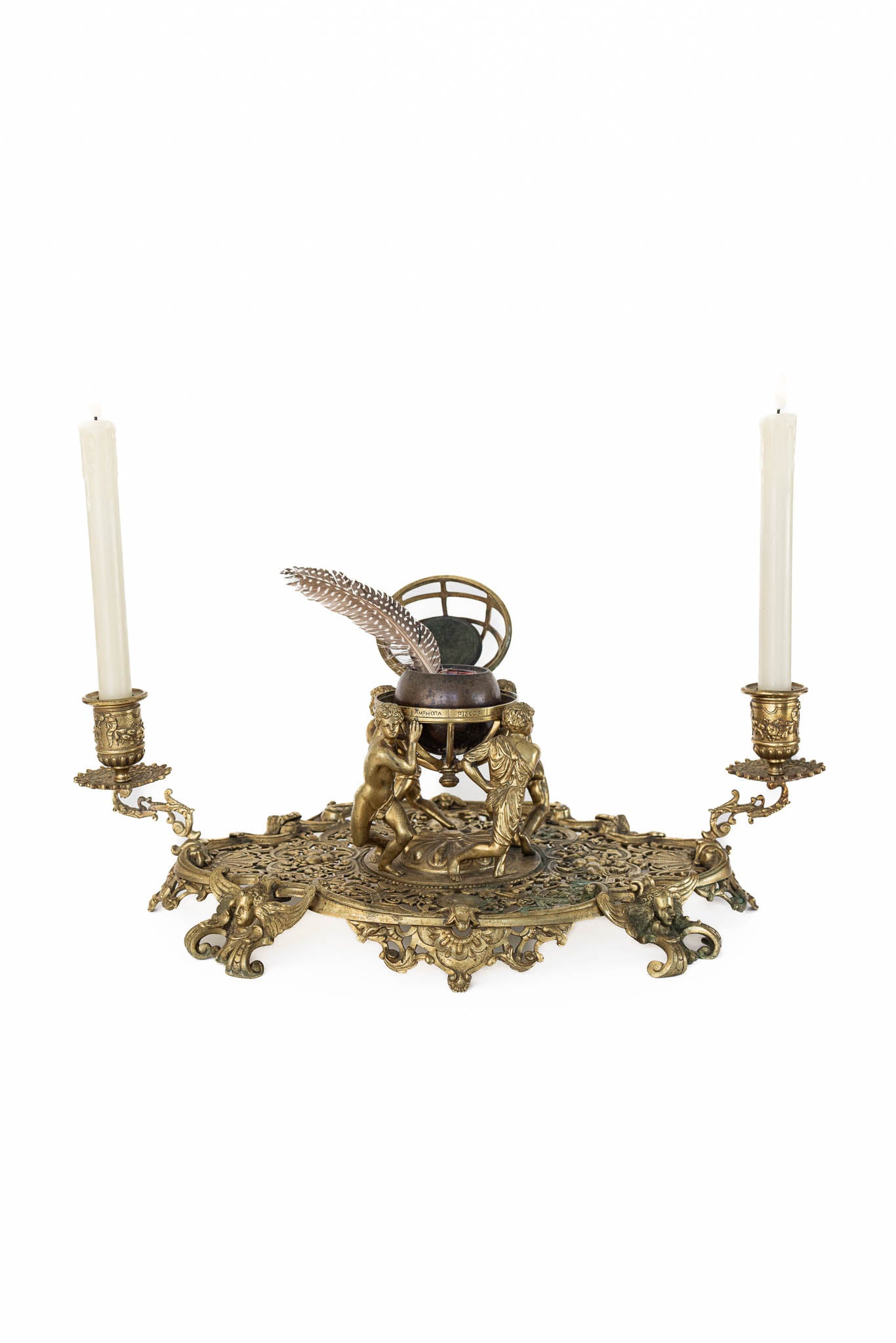 19th Century Gilded Globe Inkwell with Dual Candle Holders