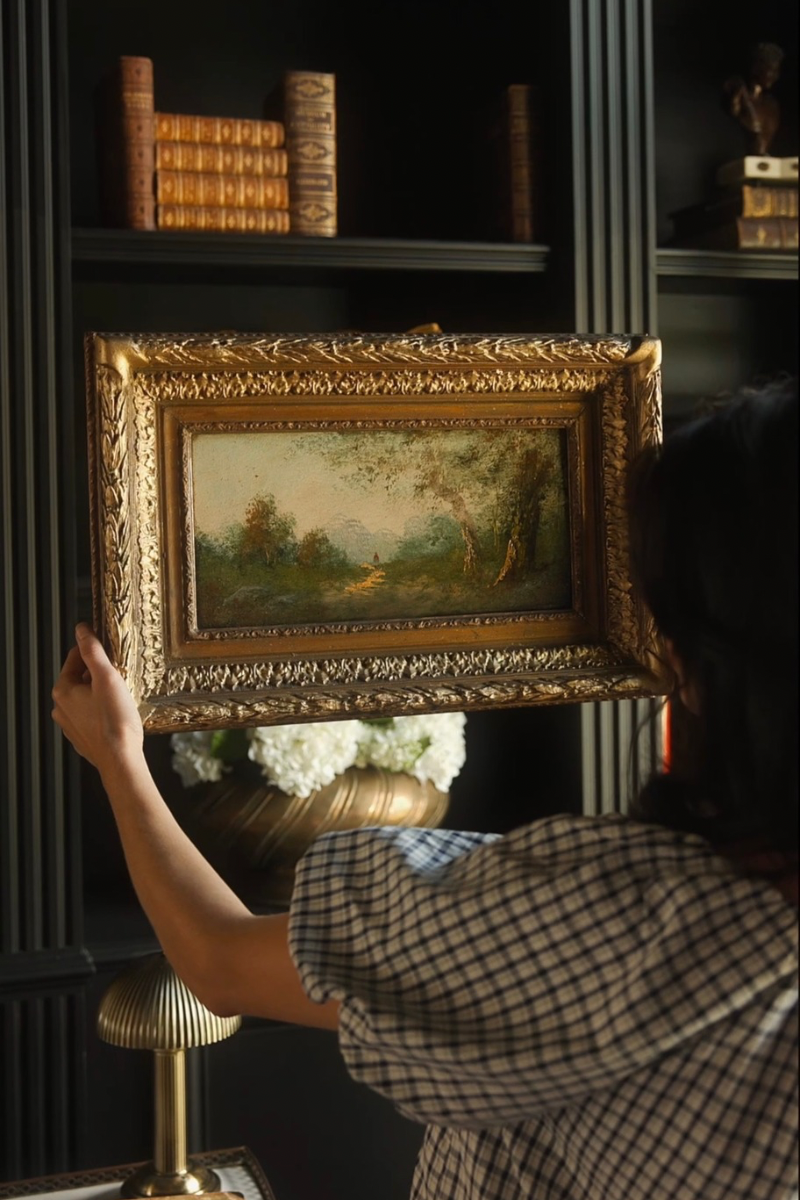 Late 19th C. Continental Landscape with Figure Oil on Board Depicting Wooded Path W/ Distant Figure | Housed In Period Gilt Frame
