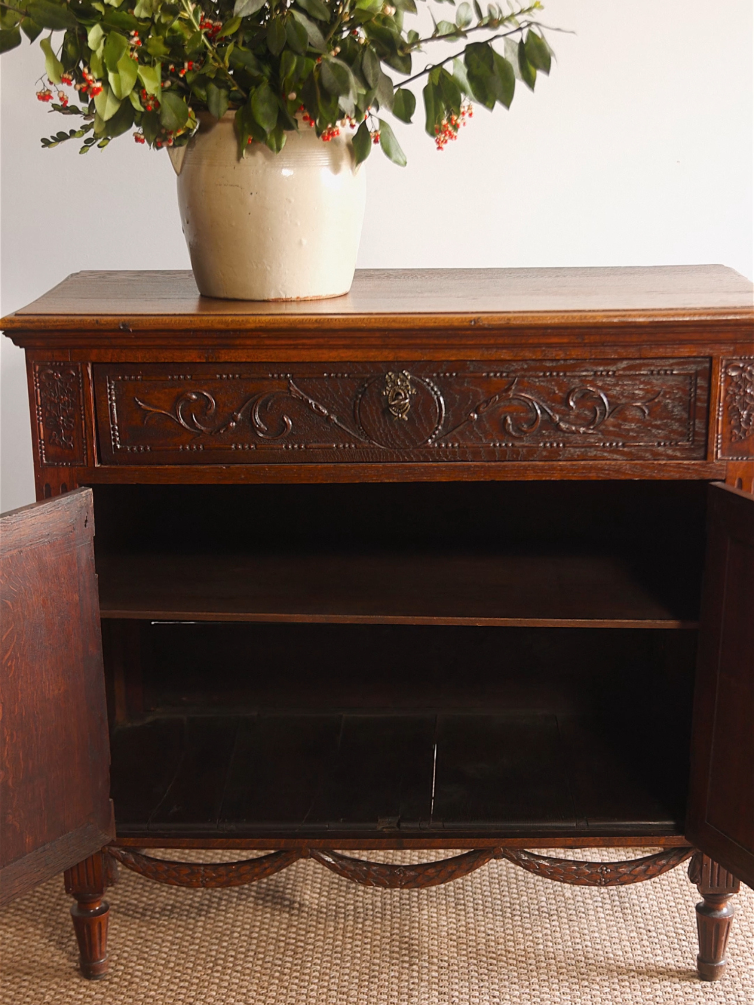 French Provincial Carved Swag Oak Sideboard