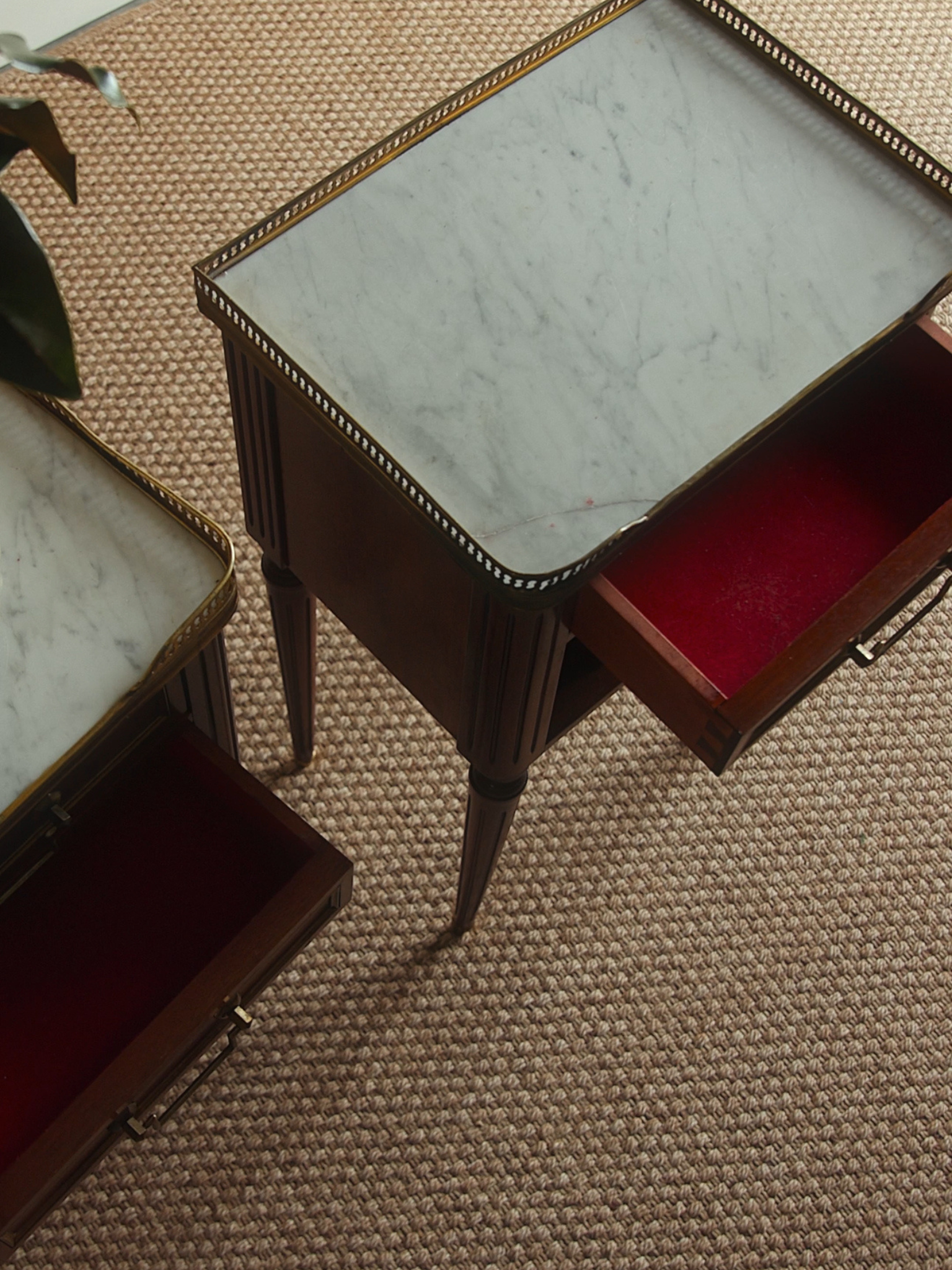 Pair of Louis XVI–Style Mahogany Nightstands with Carrara Marble Tops