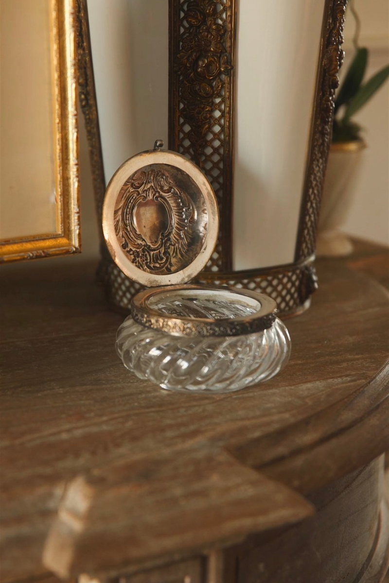French Cut Crystal & Repoussé Silverplate Vanity Box with Hinged Lid