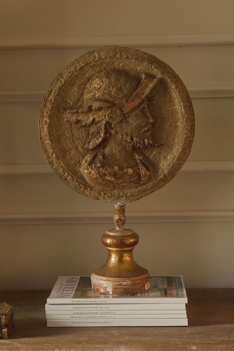 19th C. French Neoclassical Gesso & Parcel Gilt Medallion Bust on Turned Pedestal