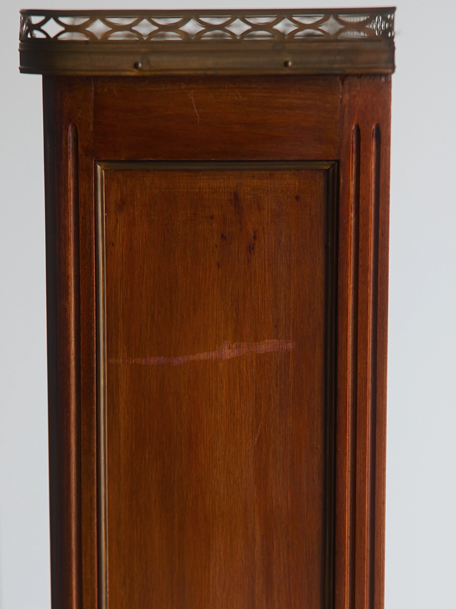 Pair of French Louis XVI–Style Mahogany Pier Cabinets With Marble Tops & Brass Galleried Rims