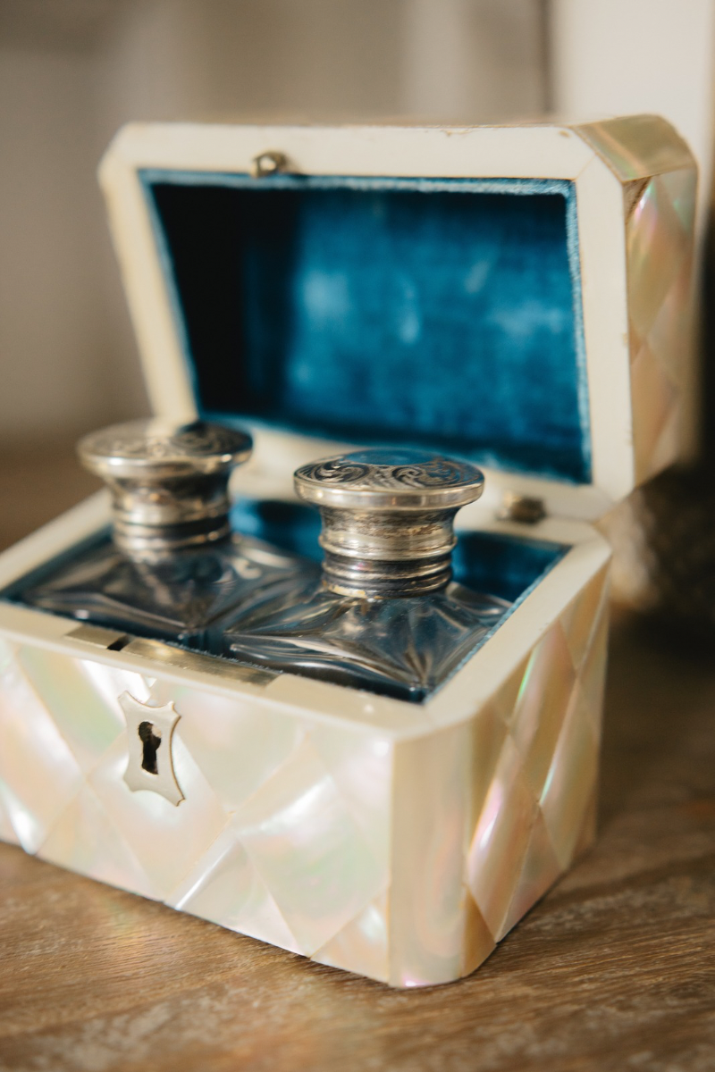 19th Century Mother of Pearl & Sterling Silver Traveling Scent Bottle Casket - 1880