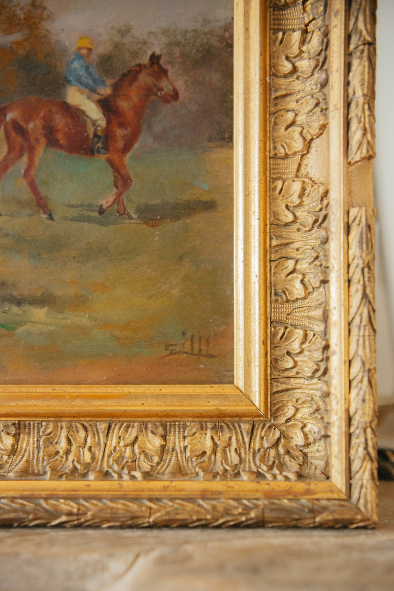 19th Century European Equestrian Oil Painting of Jockeys on Horseback - Signed