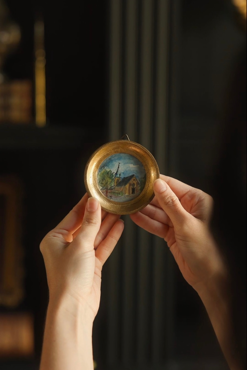 20th Century French Miniature Architectural Watercolor in Gilt Round Frame