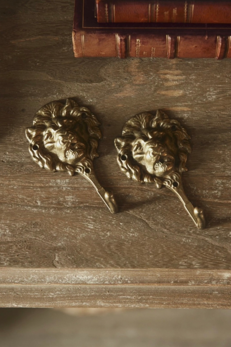 Pair of Brass Lion Head Wall Hooks