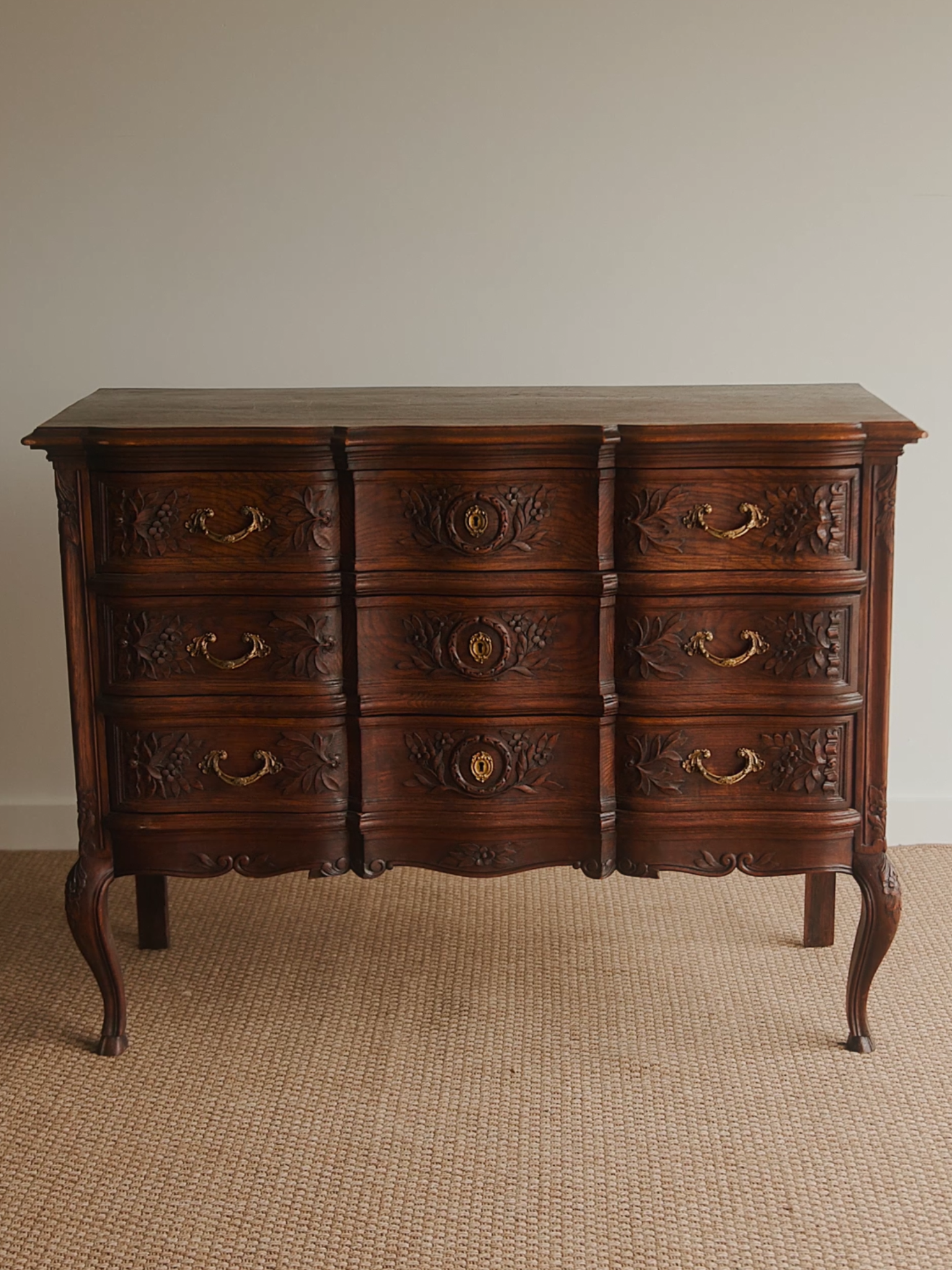 French Louis XV–Style Carved Oak Commode With Ormolu Mounts