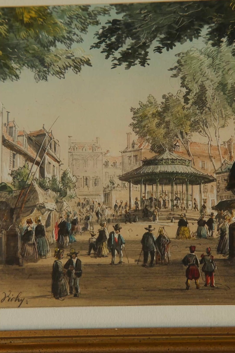 “Vichy & Cusset, 1855” — Set of Three French Spa-Town Views Bearing the Signature of Louis Moullin, with Thermal Architecture, Garden Promenades & Period Figures, in Matching Gold-Finished Frames