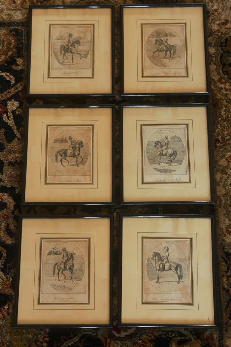 Set of Six Early 19th-Century German Equestrian Instructional Engravings Depicting Mounted Horse