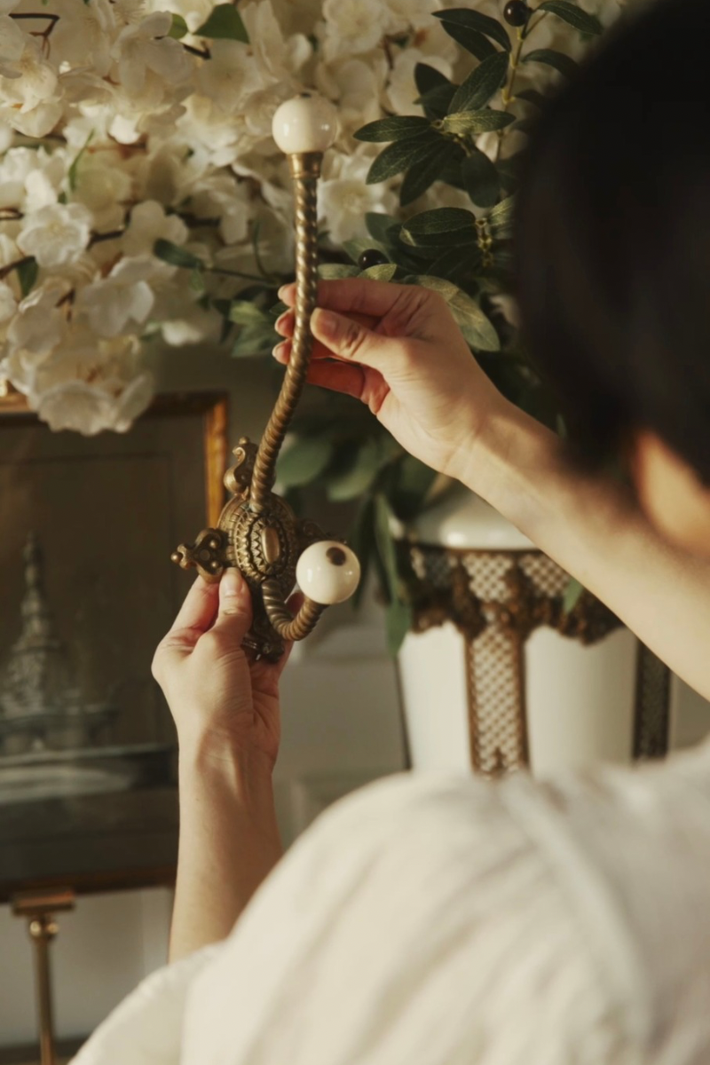 French Brass Double Hook with Porcelain Knobs