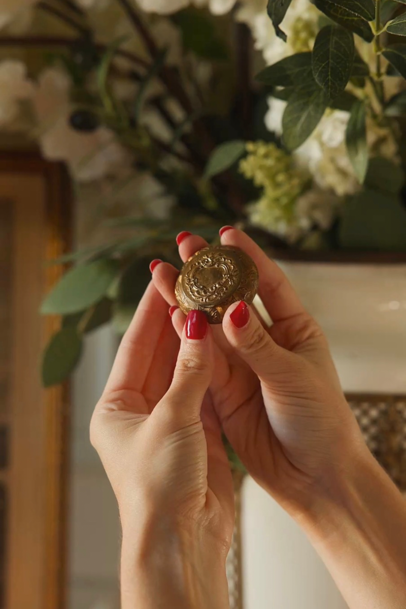 Rococo Revival Floral Brass Snuff Box with Mirror