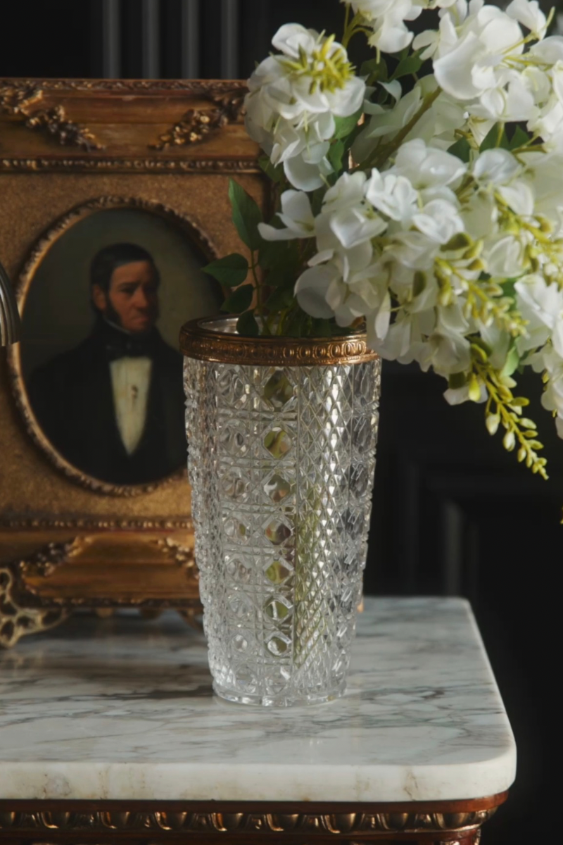 Early 20th Century Cut Crystal Vase with Gilt Bronze Gallery Rim