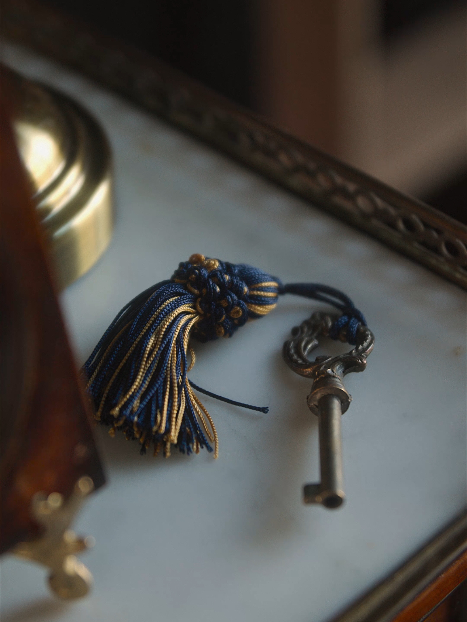 Antique Brass Key With French Tassel - Navy / Gold #3