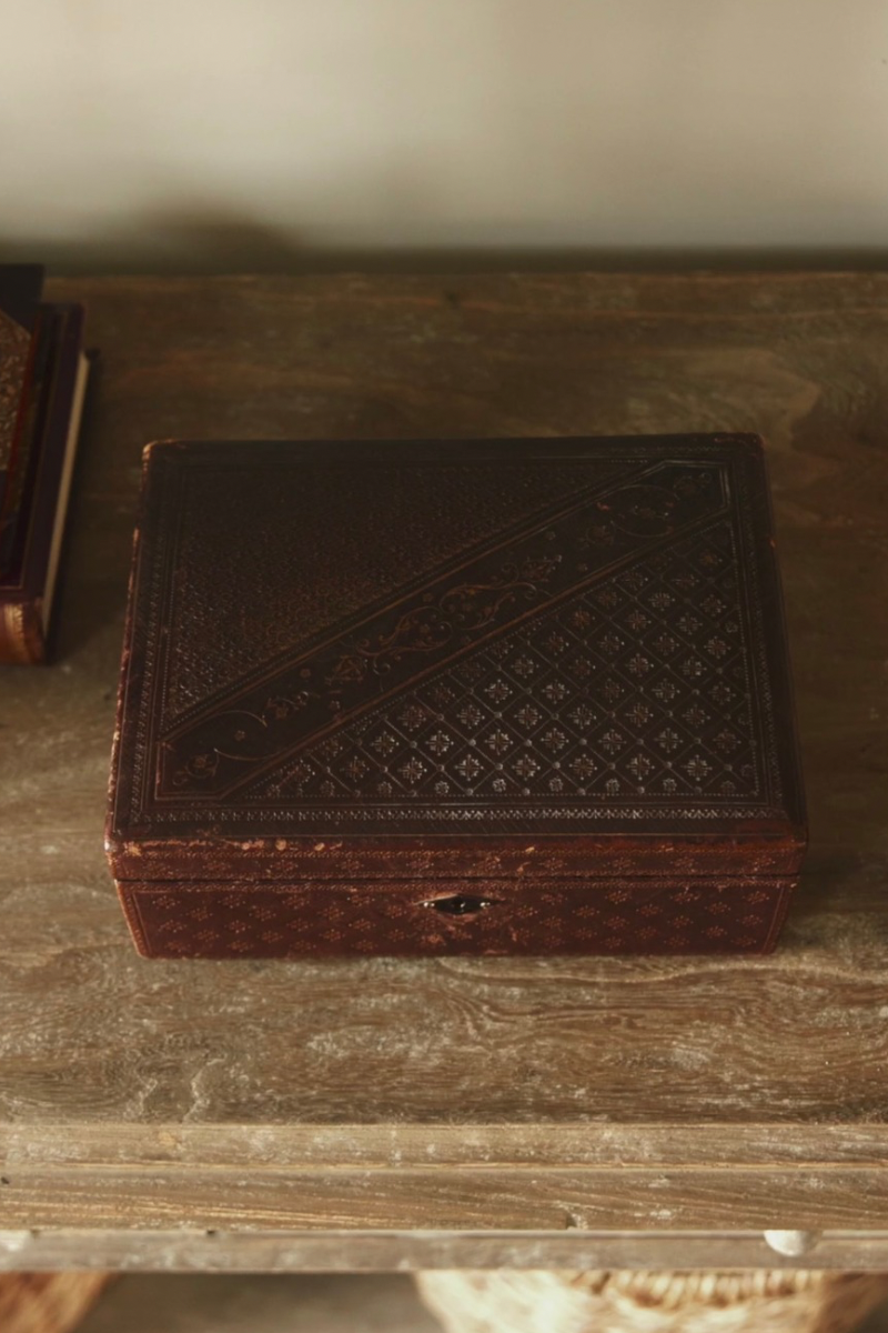 19th Century French Tooled Leather Jewlery Box with Removable Interior Tray