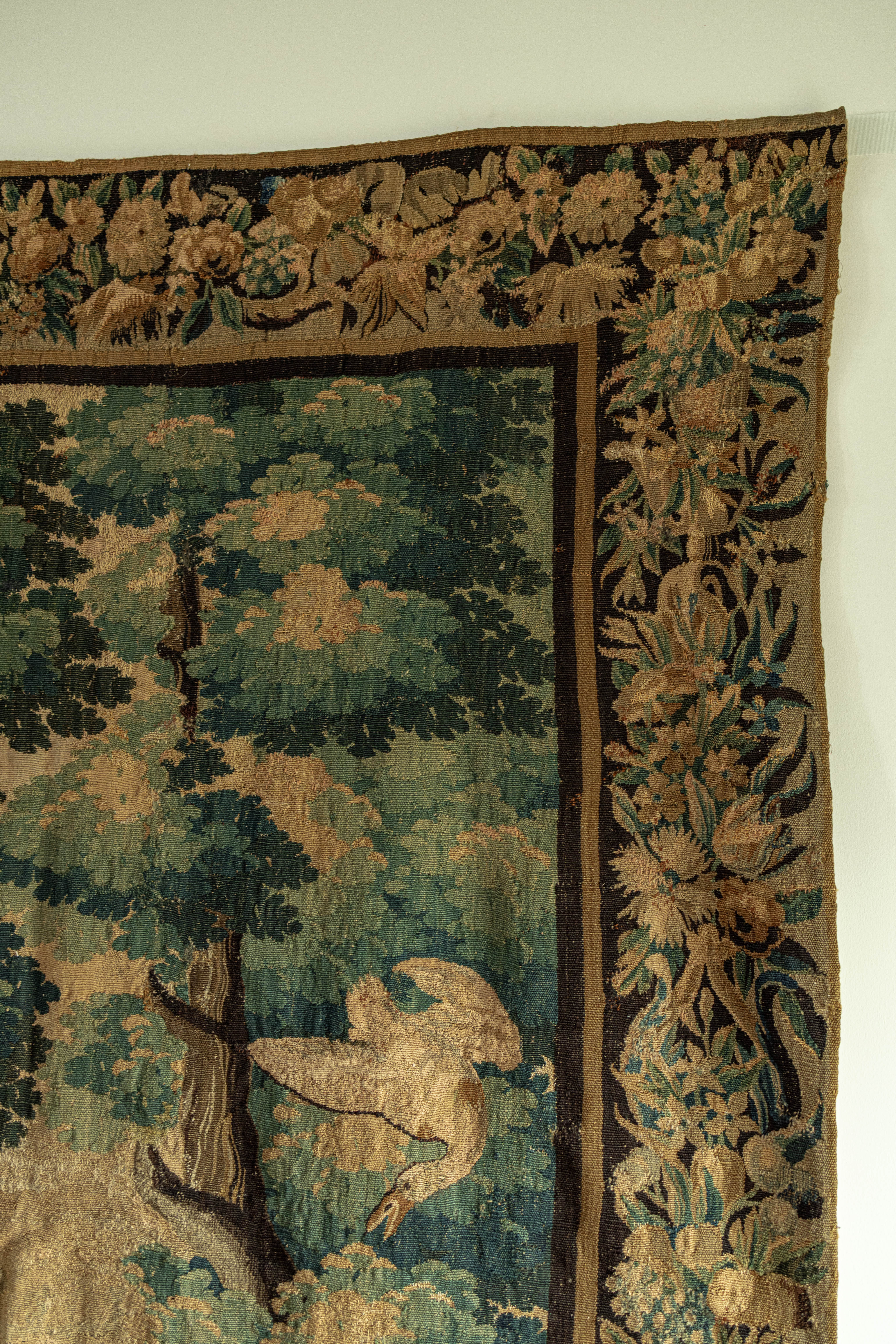 18th-Century French Verdure Tapestry Featuring Herons & Château Vista | Aubusson