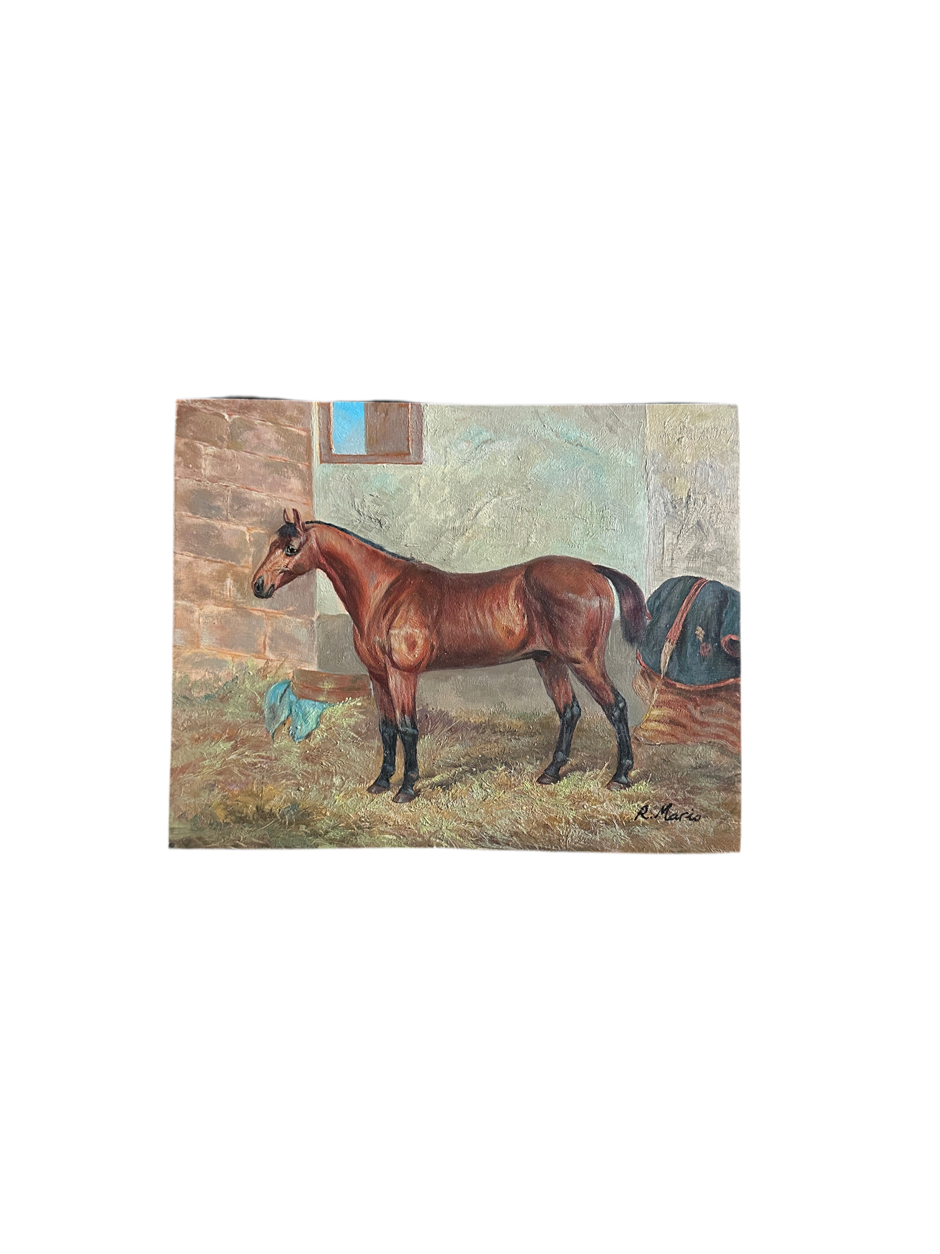 Equestrian Oil Painting - Chestnut Horse in Stable - Signed R. Marie
