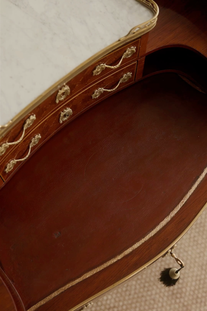 19th Century French Louis XV–Style Marquetry Writing Desk with Marble Gallery Top