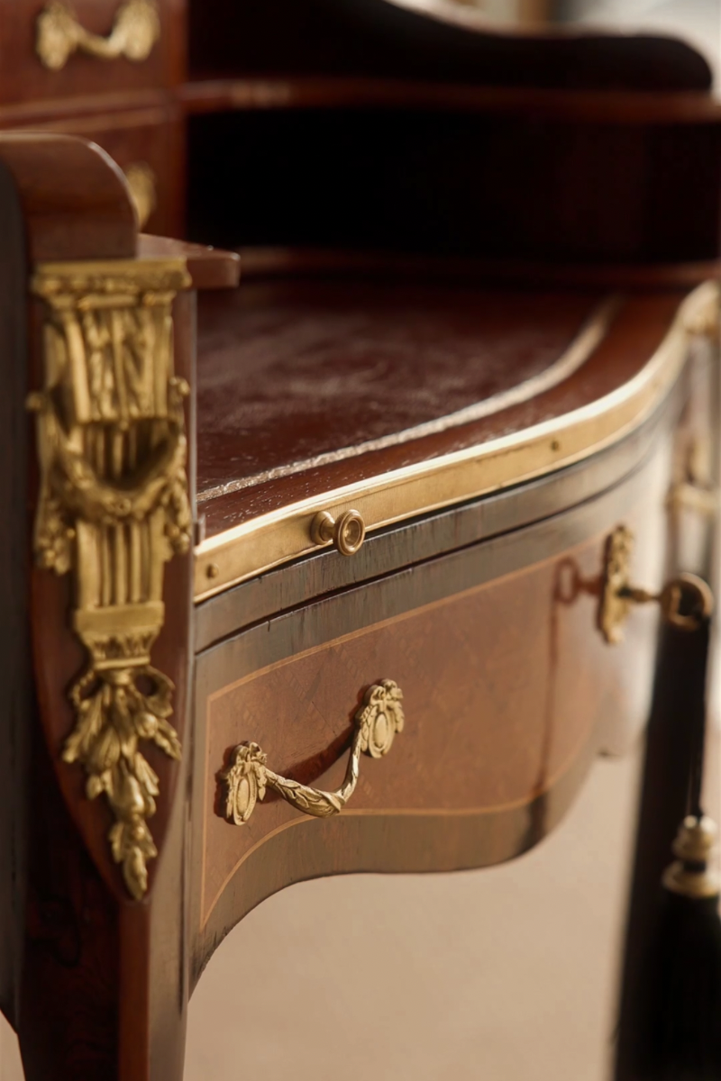 19th Century French Louis XV–Style Marquetry Writing Desk with Marble Gallery Top