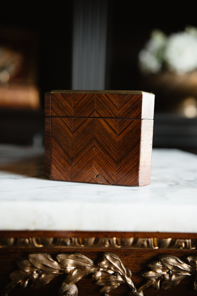 Late 19th Century French Parquetry Inlaid Wooden Glove Box with Brass Trim and Fitted Interior