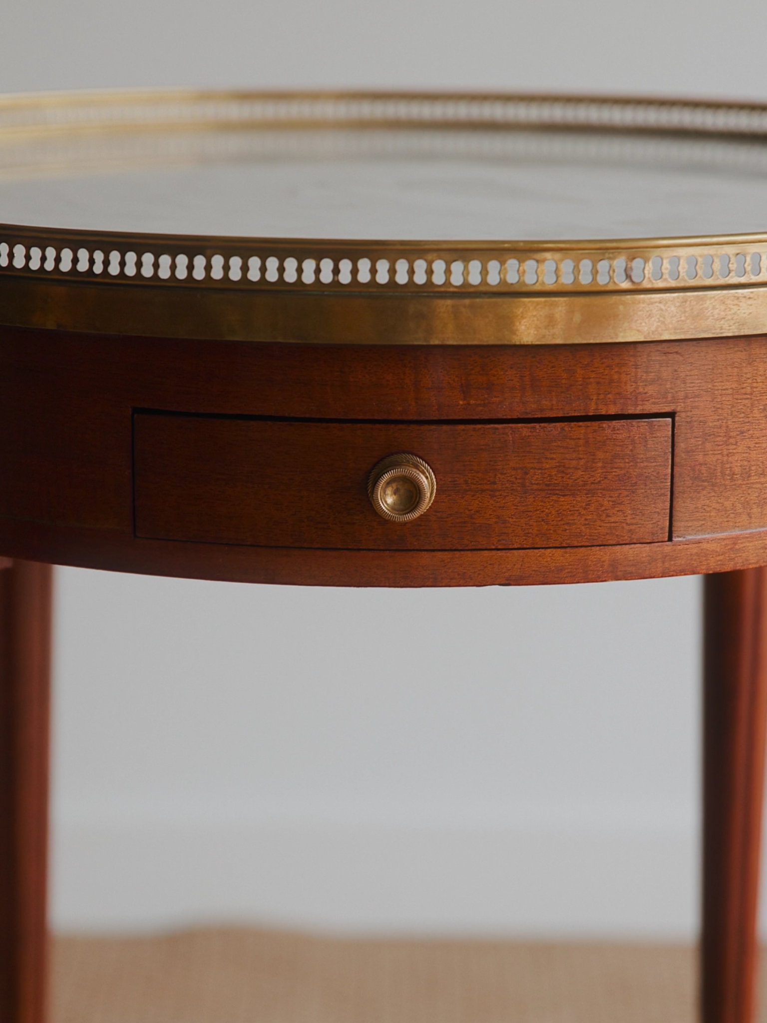 French Louis XVI–Style Bouillotte Table With Marble Top, Brass Gallery & Leather Slide-Outs