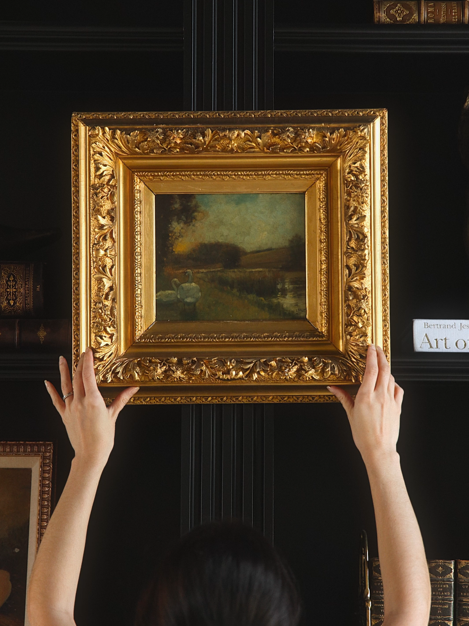 19th Century French Gilded Landscape Painting - Swan by the Waters Edge