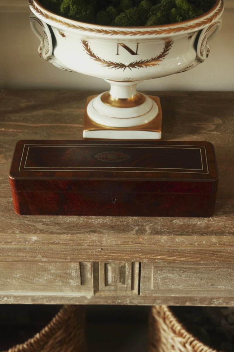 19th Century French Burlwood Glove Box with Tufted Silk Interior