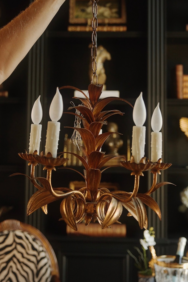 Mid-Century Italian Gilt Tole Palm Frond Four-Light Chandelier