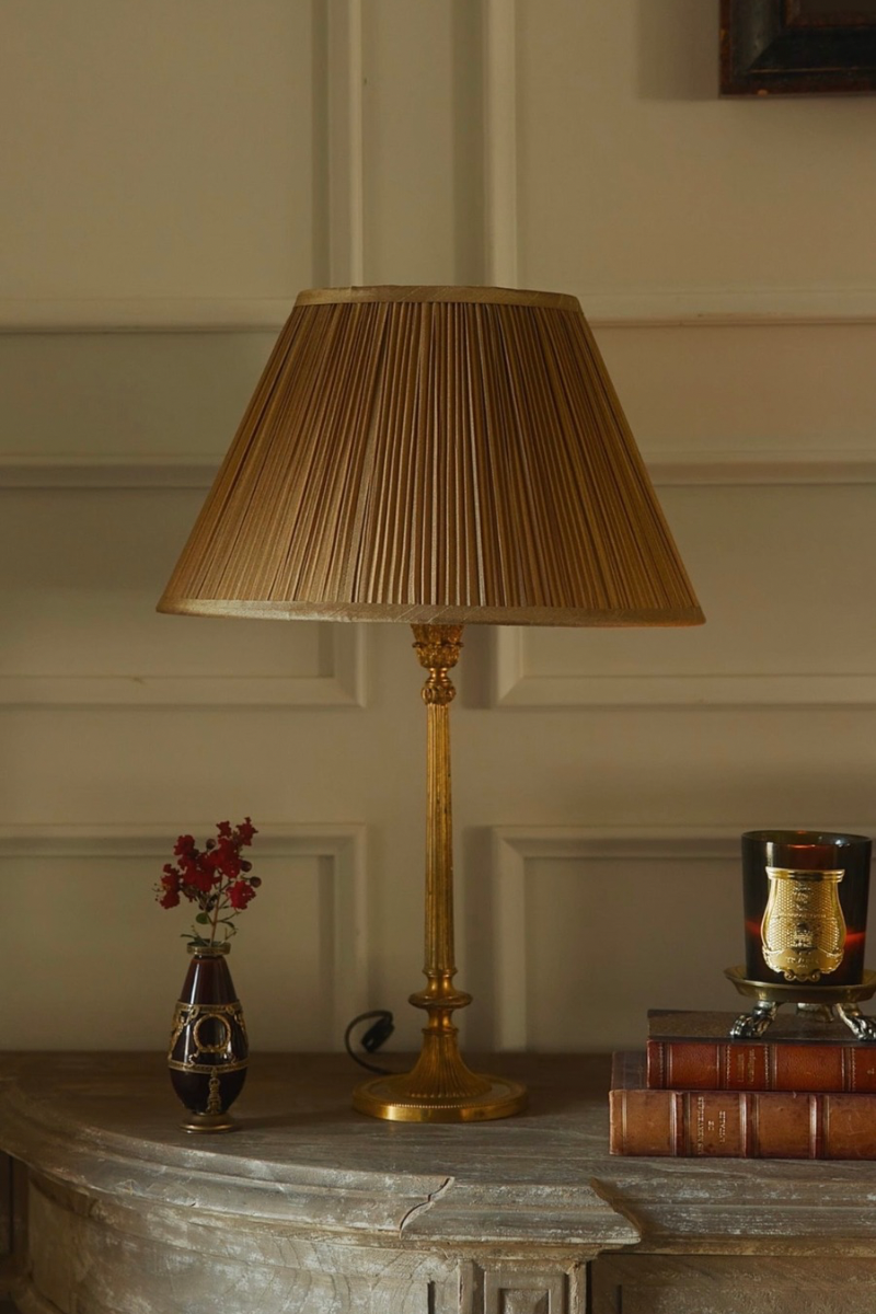 Bronze French Column Lamp with Gold Silk Shade